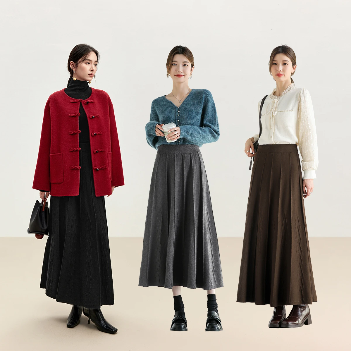 SENTUBILA Gonne a trapezio solide da donna 2025 Autunno Inverno Casual elegante gonna jacquard lavorata a maglia gonna a pieghe midi W44Q56670