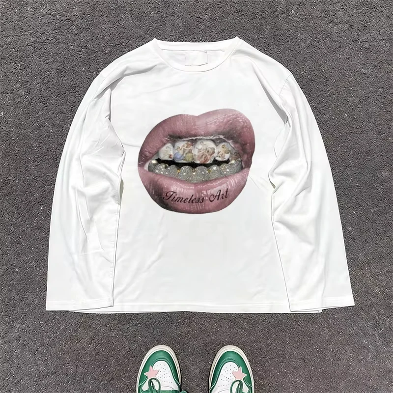 American Lip Print Long Sleeves Women T-shirt Loose Retro Autumn Streetwear Oversize Clothes Harajuku Women for T-shirt Y2k
