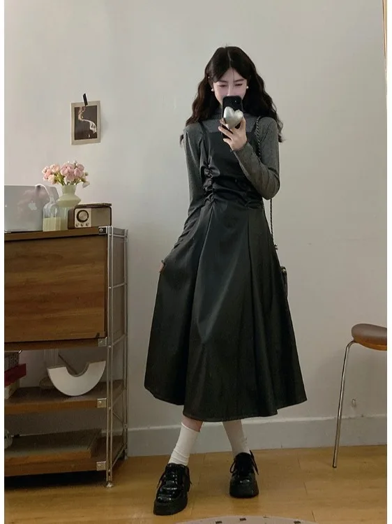 

plus Size Women's Vintage High Waist Pleated Leather Dr Autumn New Sle Base Layer Top Ci Commute Long Sve A-Line Skirt