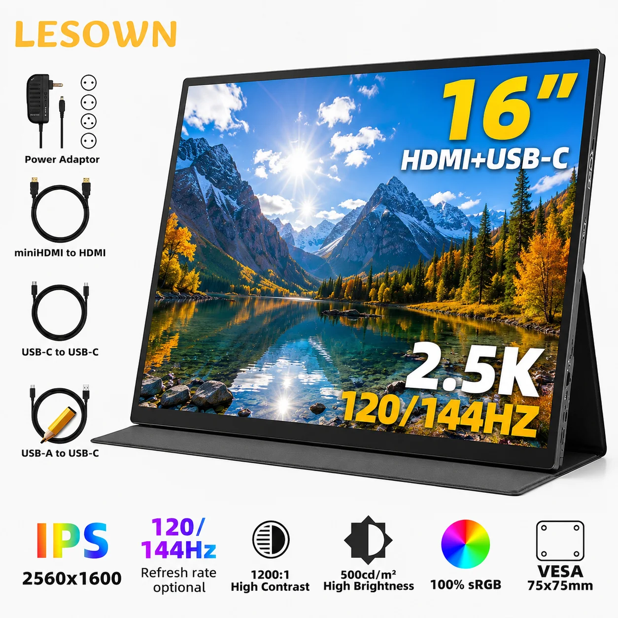 LESOWN 16" Portable Display 2.5K Mobile Monitor Plug & Play Extended Screen for Remote Work
