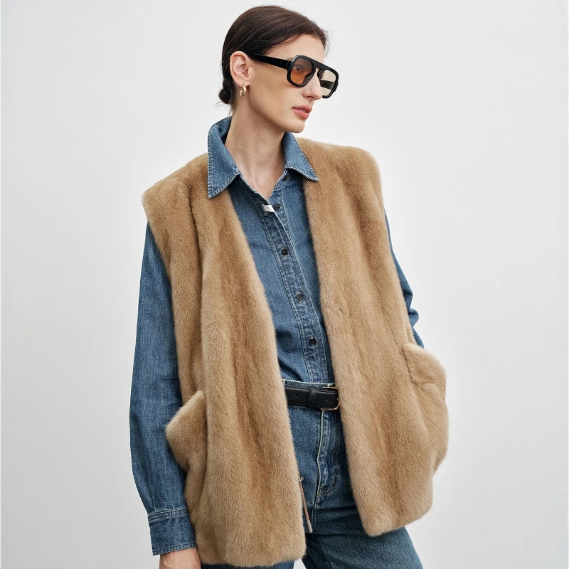 YOLANFAIRY ベルベット製 本物のミンクファーコート 冬用 暖かい Vネックブラウス ノースリーブ 通勤スタイル 天然ミンクベスト 女性用 2025