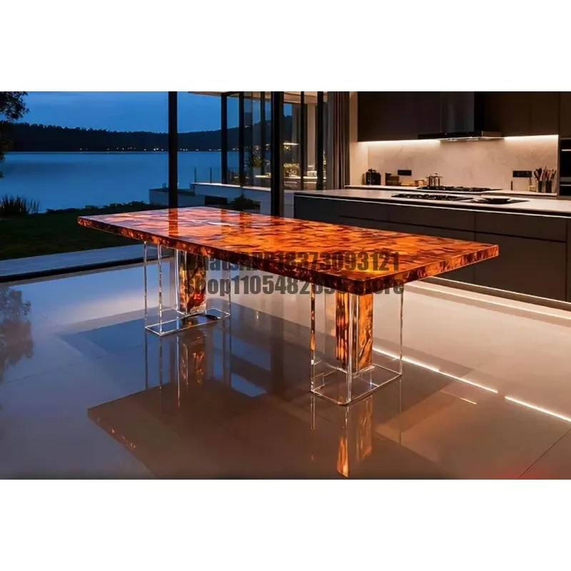 luxury high sense rectangular natural marble dining table Luxury stone dining table luminous acrylic suspension light