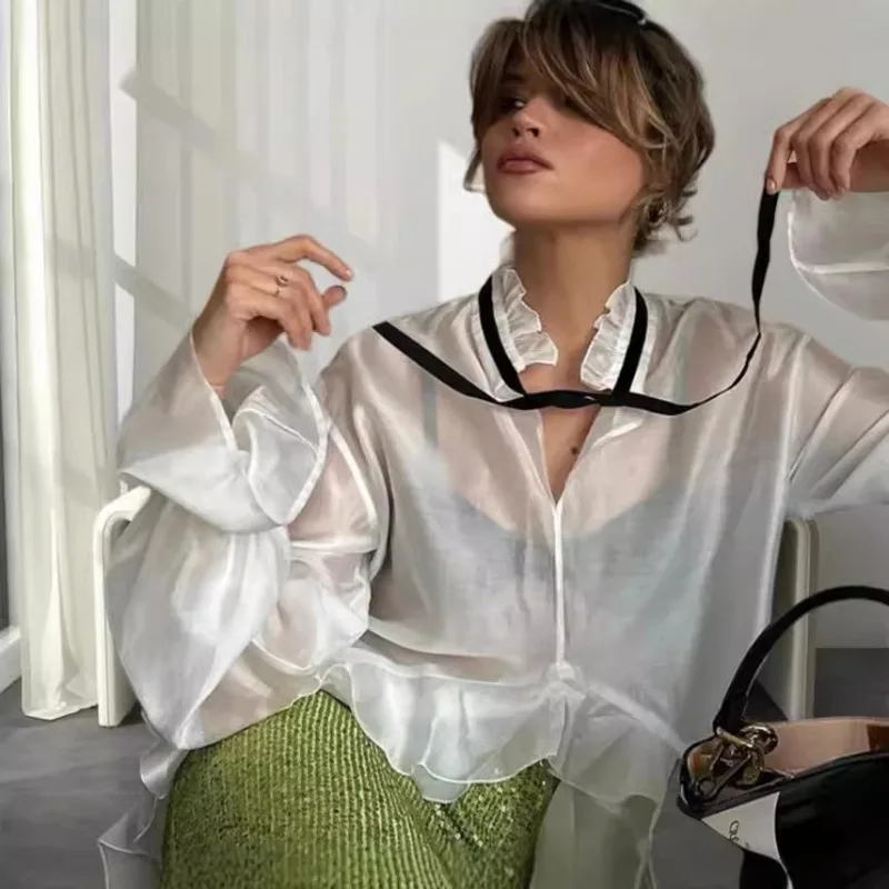 

Sexy Loose White Women'S Shirt 2025 Fashion Ruffle Collar Long Sleeve Blouses Elegant See Through Top Female Clothing