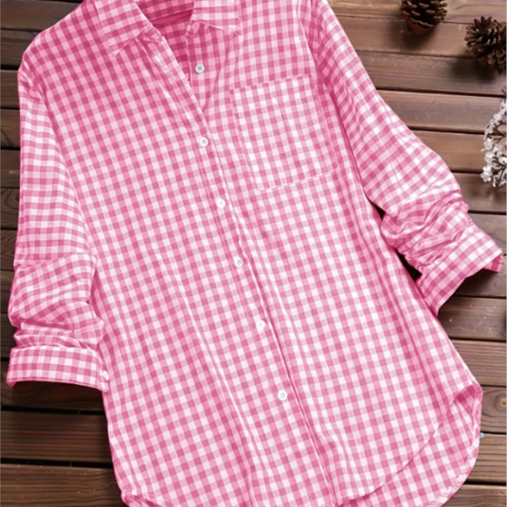 

Retro Plaid Solid Color Loose Casual Comfortable Daily Versatile Tops Short-sleeved Single-breasted Lapel Pocket Woman Clothing