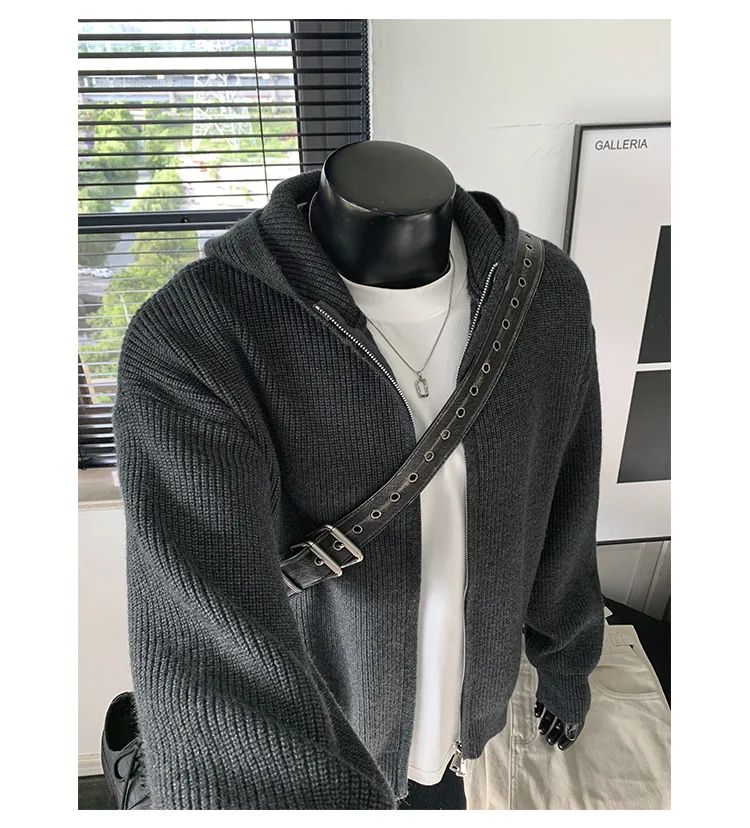 2026 New Autumn Winter Simple Solid Color Knitted Hoodie Men Japan Korean Fashion Casual Loose Double Zipper Hooded Jacket