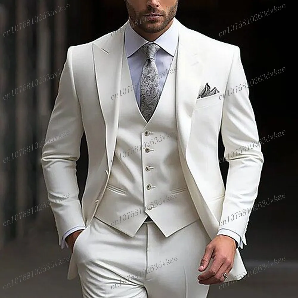 Hot Sale White Men Suit Groom Groomsman Wedding Party Prom Business Formal Occasion Male Tuxedos 3 Piece Set Jacket Vest Pants