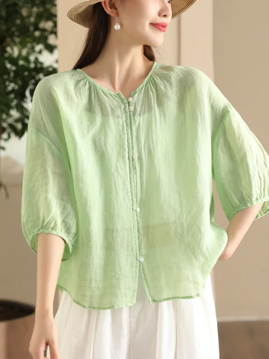 

Retro Stone inding 00-Tead Thin Flax irt round Ne Lantern Sve Pure Color Top Garden Beau Ele Commute Sle ...