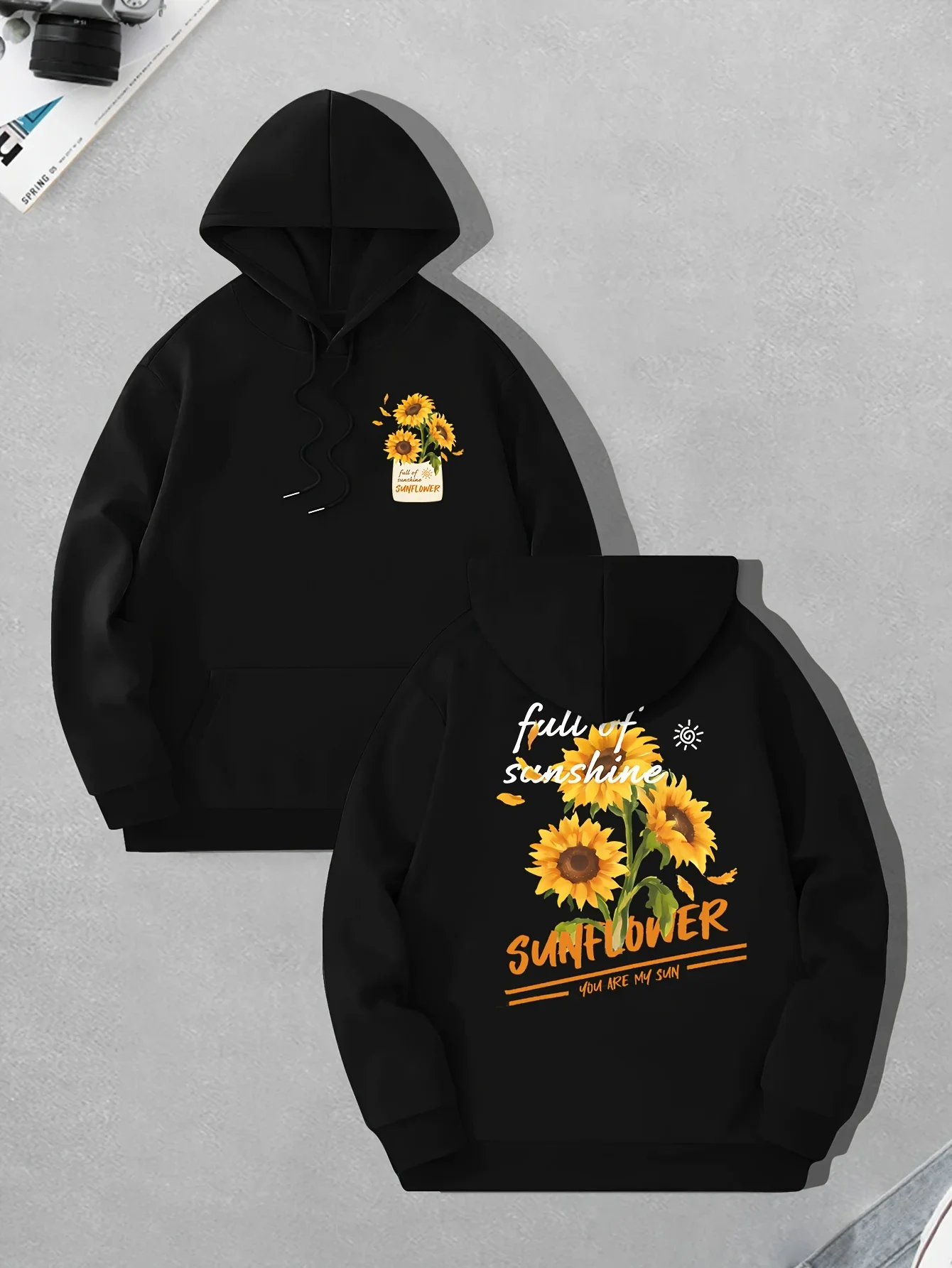 Men's Fall-winter Hooded Sweatshirt with Sunflower Floral Pattern, Loose and Soft, Suitable for Daily Street Style Outfits.