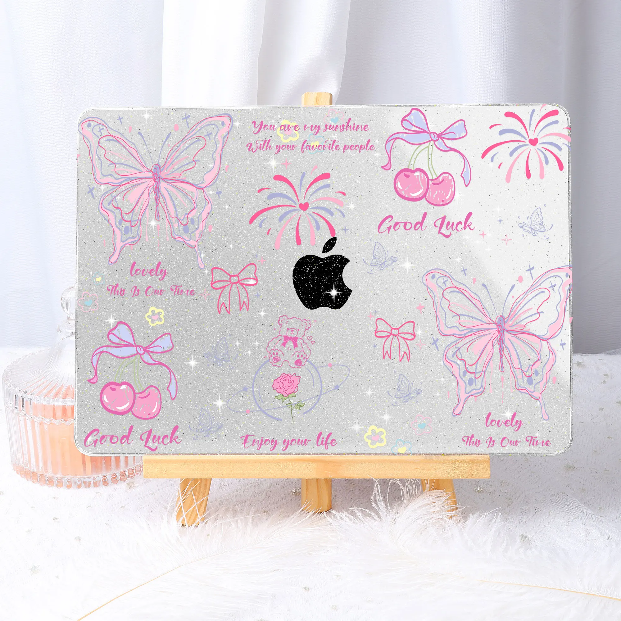 Doodle borboleta glitter cristal impressão caso para macbook air caso m3 m2 m1 a2681 a3113 a2337 pro m4 caso 14 16 polegada 15 polegada a3114