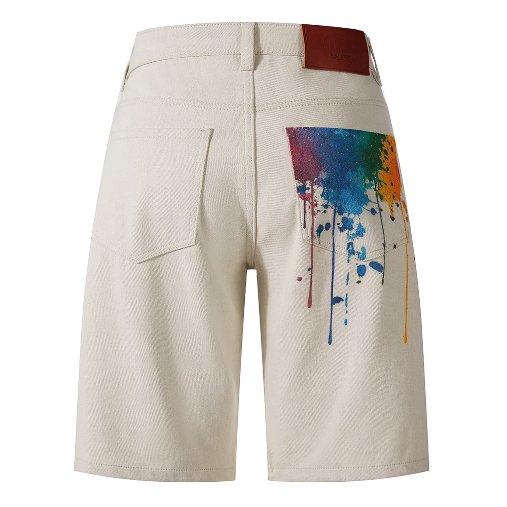 Men's Tie Dye Denim Shorts Splash Paint Print Bermuda Jorts Casual Summer Knee Length Streetwear Jeans High Quality Beige