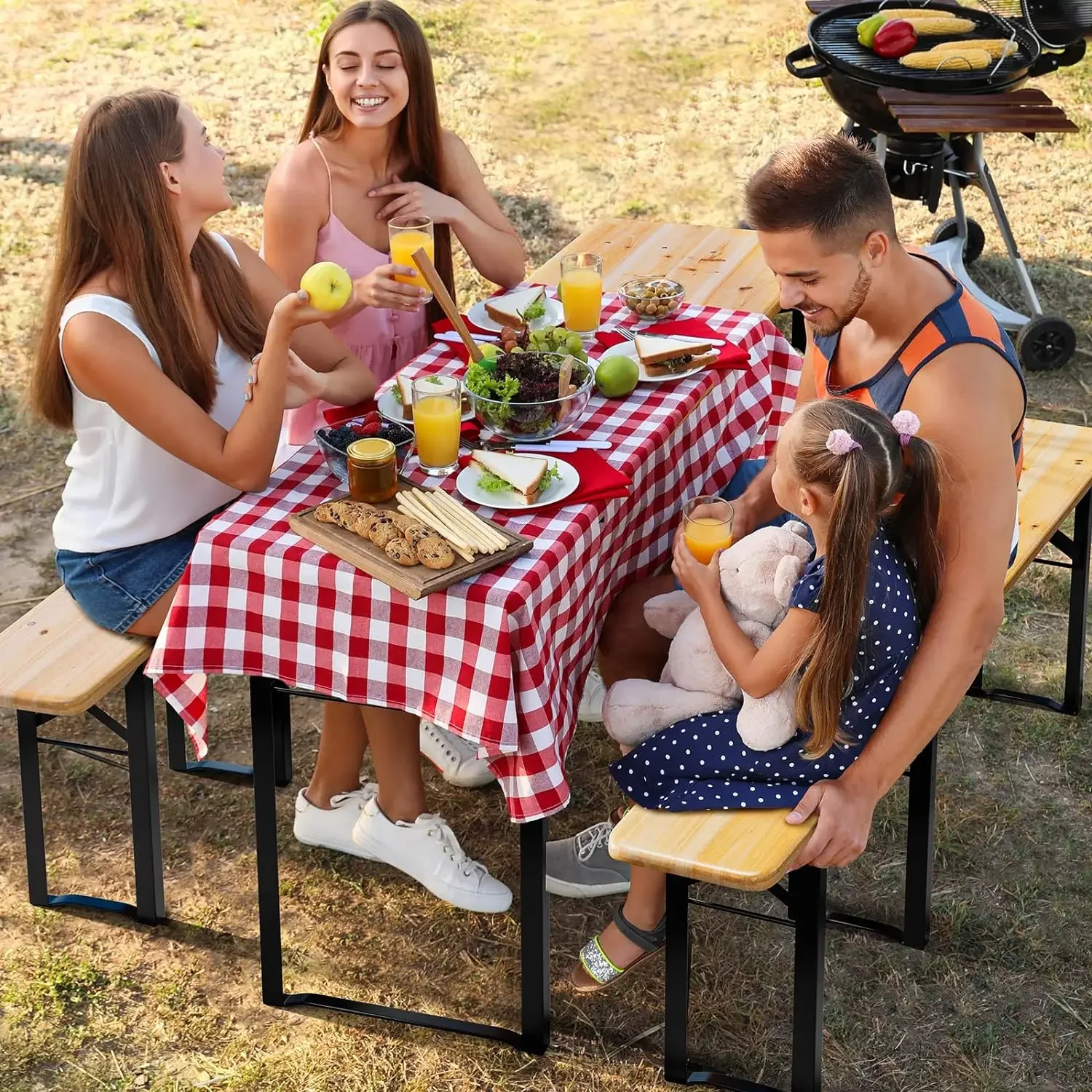 Folding Picnic Tables with Benches Set, Weather-Resistant Wooden Beer Garden Table Bench, 3-Piece Fold Up Camping BBQ Table