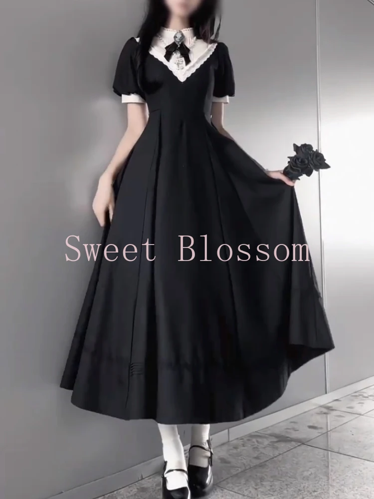 Robe Lolita gothique française élégante pour femmes, avec nœud en dentelle, Patchwork, robes de soirée douces, Slim, mode Hepburn, vêtements d'été, 2025