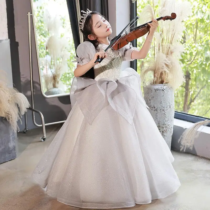 

Детское торжественное платье, платье принцессы для девочек, платье для выступлений на фортепиано, свадебное пышное вечернее платье из тюля с цветочным узором для девочек