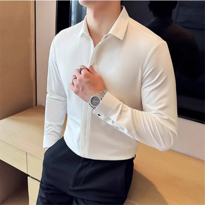 New High Quality Casual Shirt For Men Fashion Zipper Long Sleeve Solid Color Smart Casual Slim Fit Turn Down Collar Mens Blouse