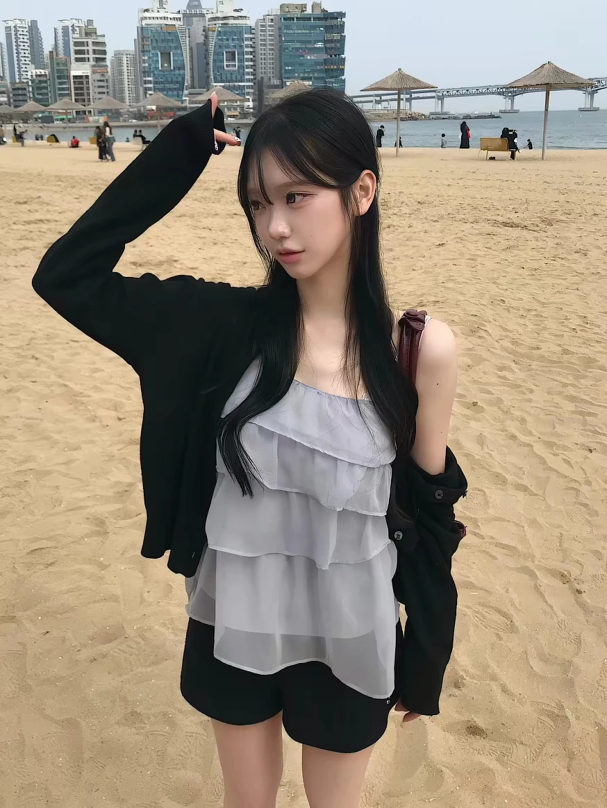 

Summer Sweet Design Sense Overlap Lace Trim Chiffon Sleeveless Vest Women's Fashion Outerwear Loose Fit Regular Length