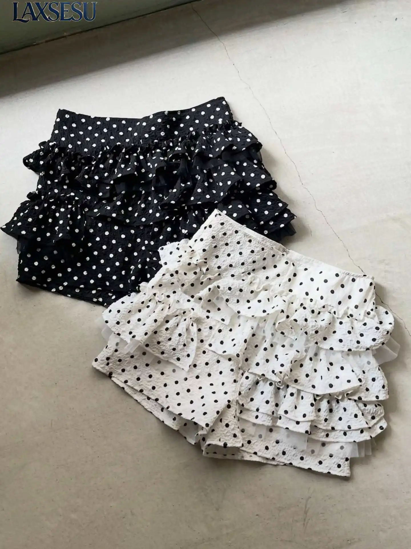 Japanese 2026 Summer New Sweet and Cute Girl Short Skirt with Polka Dot Splicing Mesh Slimming Cake Short Skirts for Women