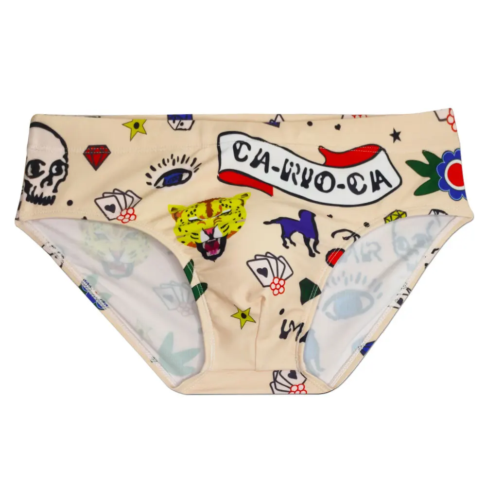 2025graffiti skin tone fashion printed triangle swimming trunks trend close-fitting foreign trade triangle swimming shortsUXH097