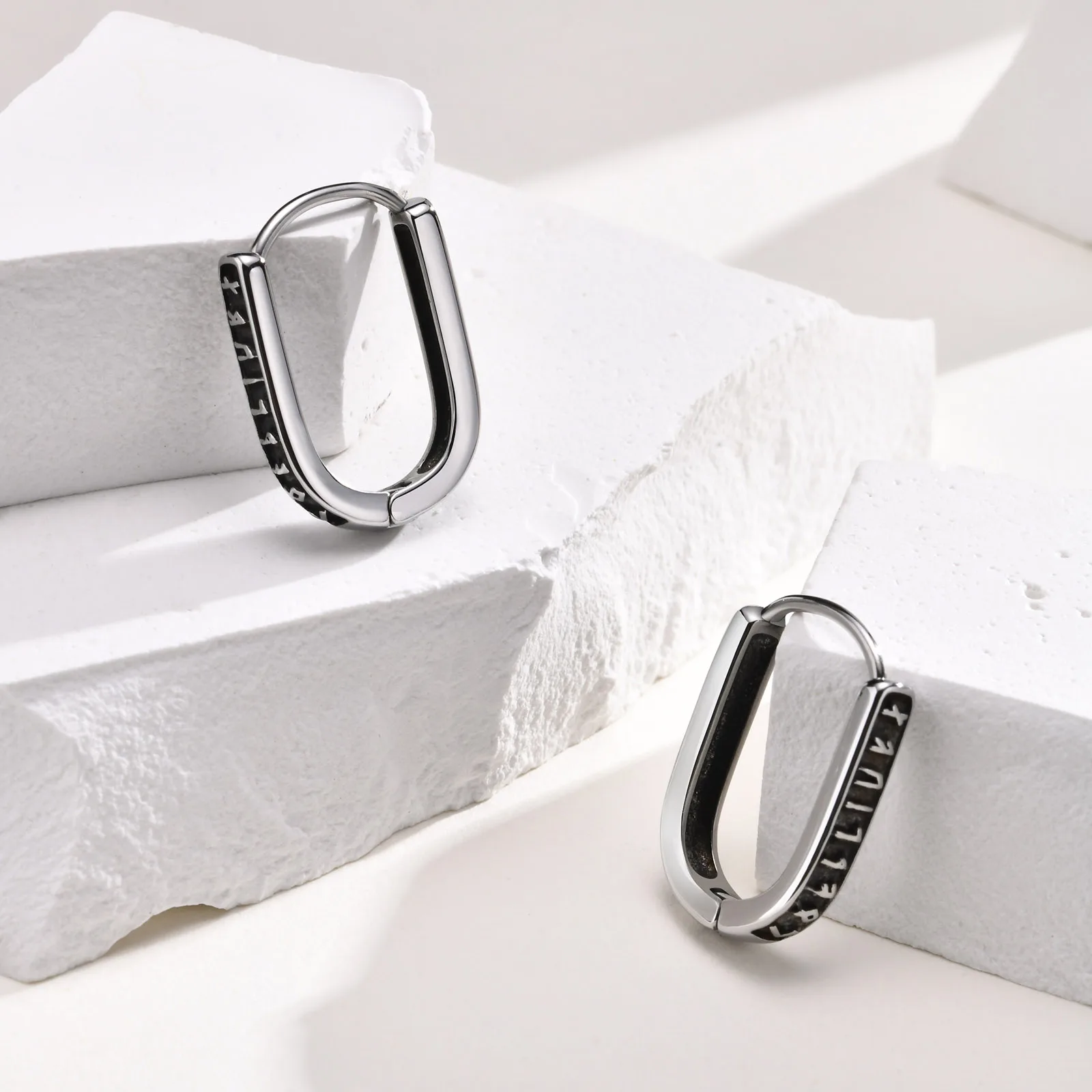 Vnox Viking Runes U Style Earrings for Men, Vintage Silver Color Stainless Steel Hoop Huggie Earrings,Gifts for Him Jewelry