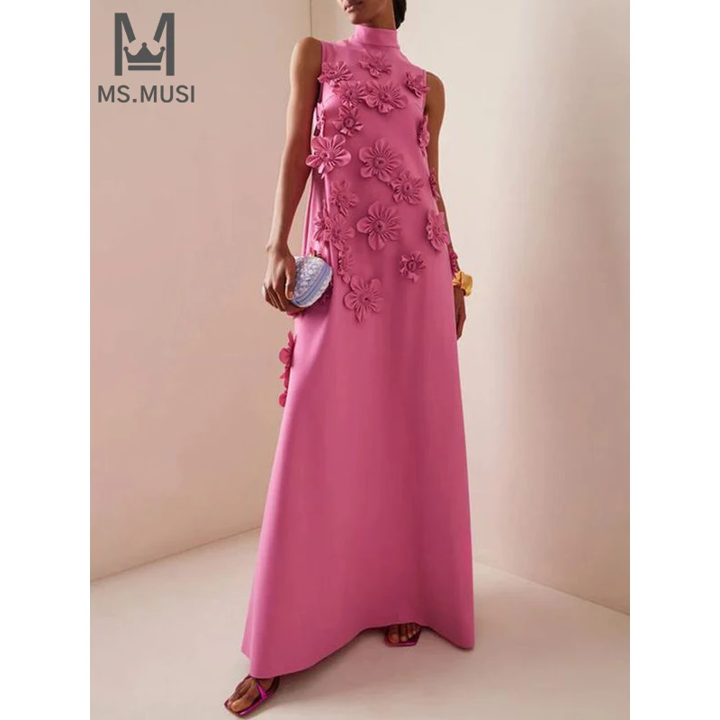 

MSMUSI 2024 New Fashion Women Sexy Tank Neck Floral Draped Sleeveless Lace Up Bodycon Party Club Event Slim Maxi Dress Long Gown