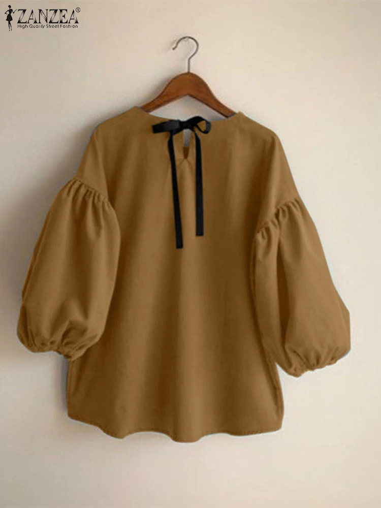 

Летние женские топы ZANZEA, винтажные рубашки, элегантная рабочая блузка с круглым вырезом и рукавами-фонариками 3/4, повседневная рабочая блузка с завязками на спине l, праздничная туника Blusas