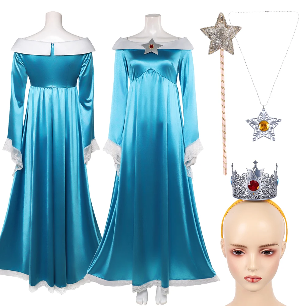 

Rosalina Cosplay Blue Dress Costume Crown Necklace Wand Accessories Outfits Uniform Game 2026 Movie Halloween Carnival Clothes