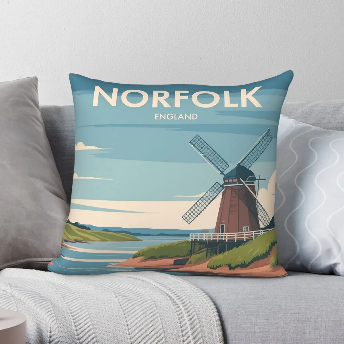 Norfolk England Travel Square Pillowcase Polyester Linen Velvet Creative Zip Decorative Car Cushion Cover 18