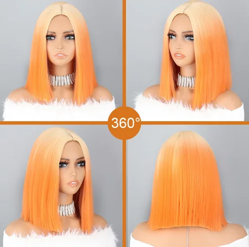 Colorful Wig Short Straight Bob for Women Ombre Ginger Synthetic Wig Blonde to Orange Middle Part Replacement Hair Wig for Daily