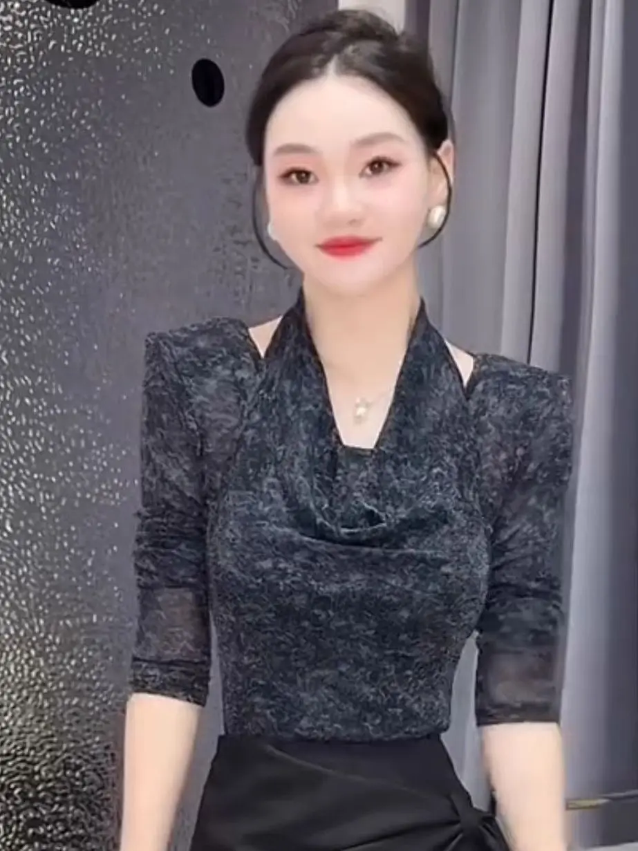 

Faionable Korean Sle Women's T-irt Ne Hanging Waist Cinched Breathable Long Sve round Ne High Elastici Daily Wear