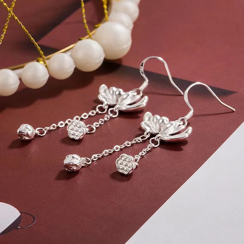 Brincos longos pendurados para mulheres, gancho de orelha, semente de lótus, flor, elegante, requintado, estilo chinês, presentes para meninas, moda, 1 par