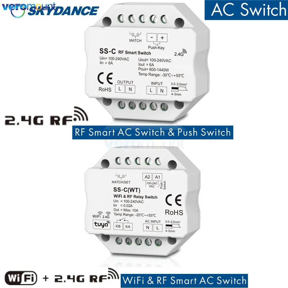 SS-C RF Smart Switch 6A AC Triac /Relay Switch 100-240VAC 1CH*10A WiFi+RF AC Switch SS-C(WT) (Tuya App) for Single Color Lights