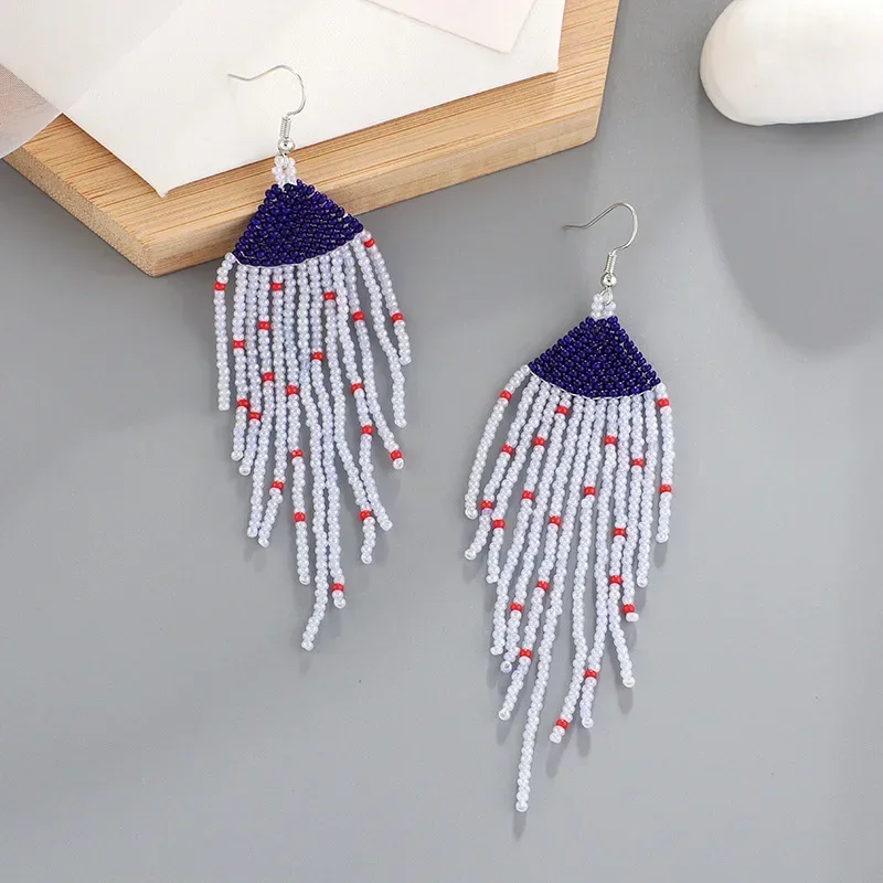Beaded earrings Tassel Originality Intersperse Hand knitting Tide Simple Bohemia Alloy Female Rice bead earrings