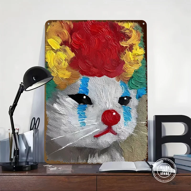 Sad Clown Cat Painting Tinplate Posters Customizable Wall Art Retro Vintage Metal Signs for Home Room Gamer Decoration Gaming