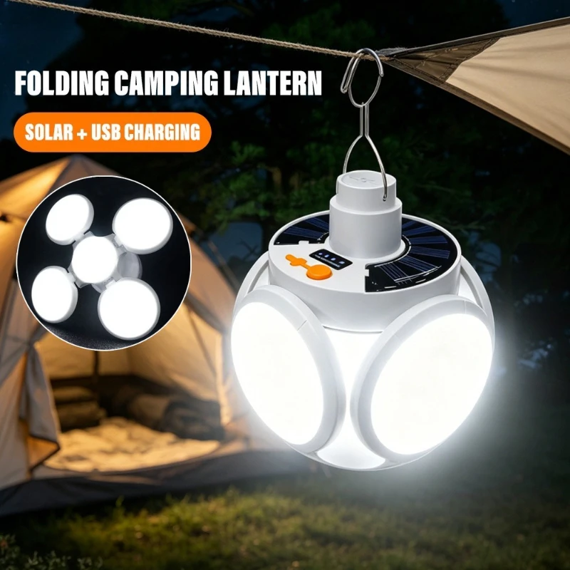 Rechargeable Folding Camping Lights Solar Hanging Tent Lights 5Modes Portable Emergency Lights for Indoor Outdoor Camping Hiking