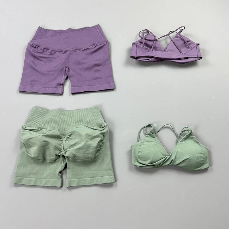 Sexy Yoga-Set: Neckholder-BH & Cross-Waist-Shorts mit Po-Lifting und Bauchkontrolle – Gym-Fitness-Shorts-Leggings-Set – Detail 5