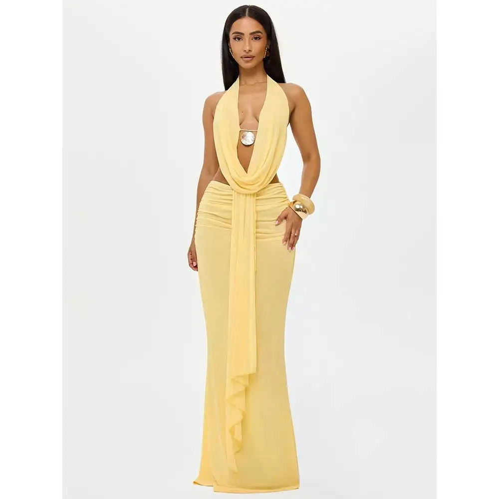 Ensemble de robe Sexy pour femmes, haut court et jupe Maxi, col licou, ensembles assortis, jupe de plage élégante, Club, fête, ensemble deux pièces