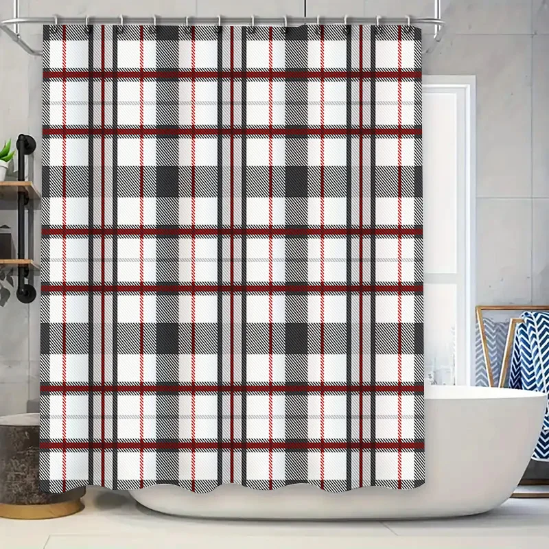 Plaid Shower Curtain Waterproof Bath Mat Decorative Polyester Fabric Printed Bathroom Accessories Set Red Black White Grey Check
