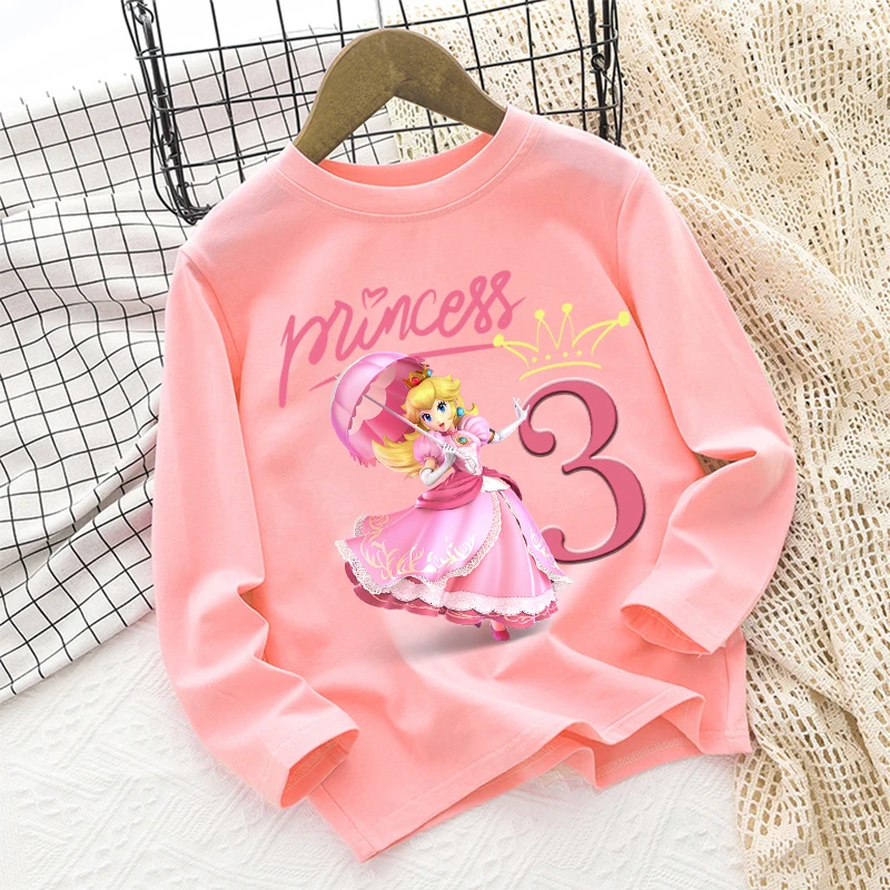 Super Mario Princess Peach Girls Long-sleeved T-shirts Kids Cartoon Birthday Number Printed Tops Autumn Winter Children Clothing