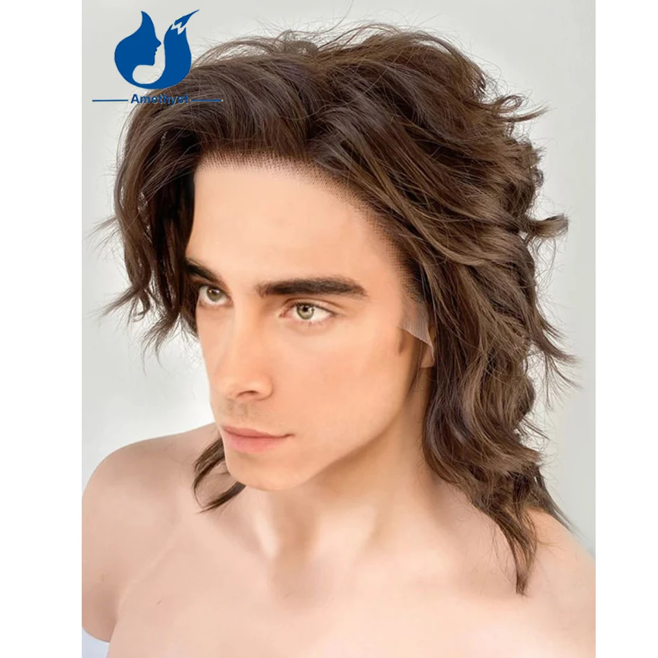 Amethyst 13x6 Loose Wavy Brown Brazilian Remy Human Hair Wig Lace Frontal Pre Plucked Short Bob Wig for Men Color 3 Pre Styled