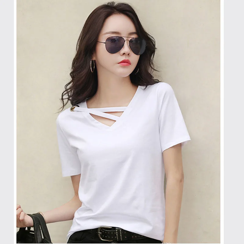 

2025 New Summer White T-shirt V-neck Loose Korean Edition Black Short Sleeve