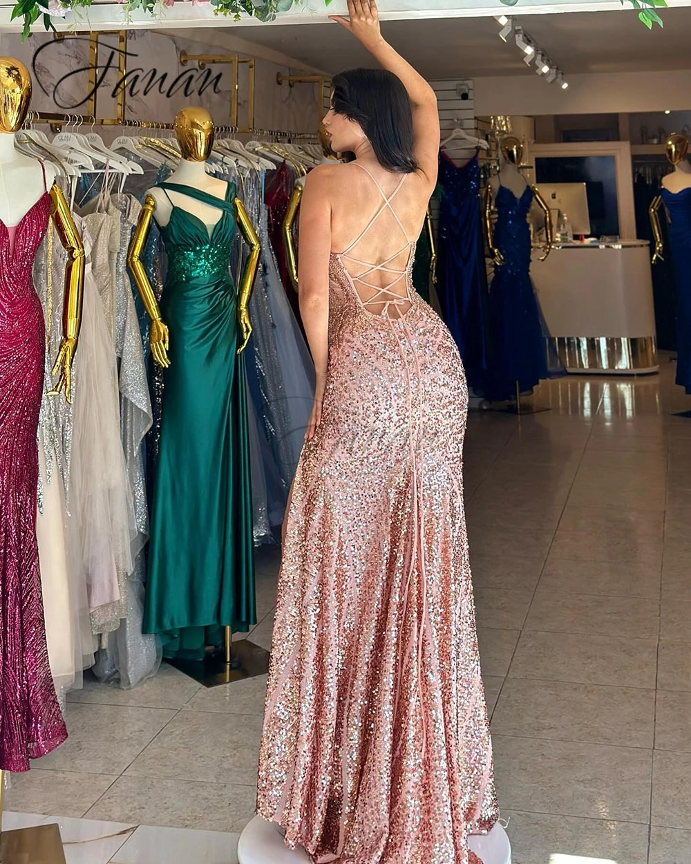 Customized Evening Dresses Lace-up Trumpet Spaghetti Strap Prom Gown High Slit V Neck Charming Maxi платья на торжество