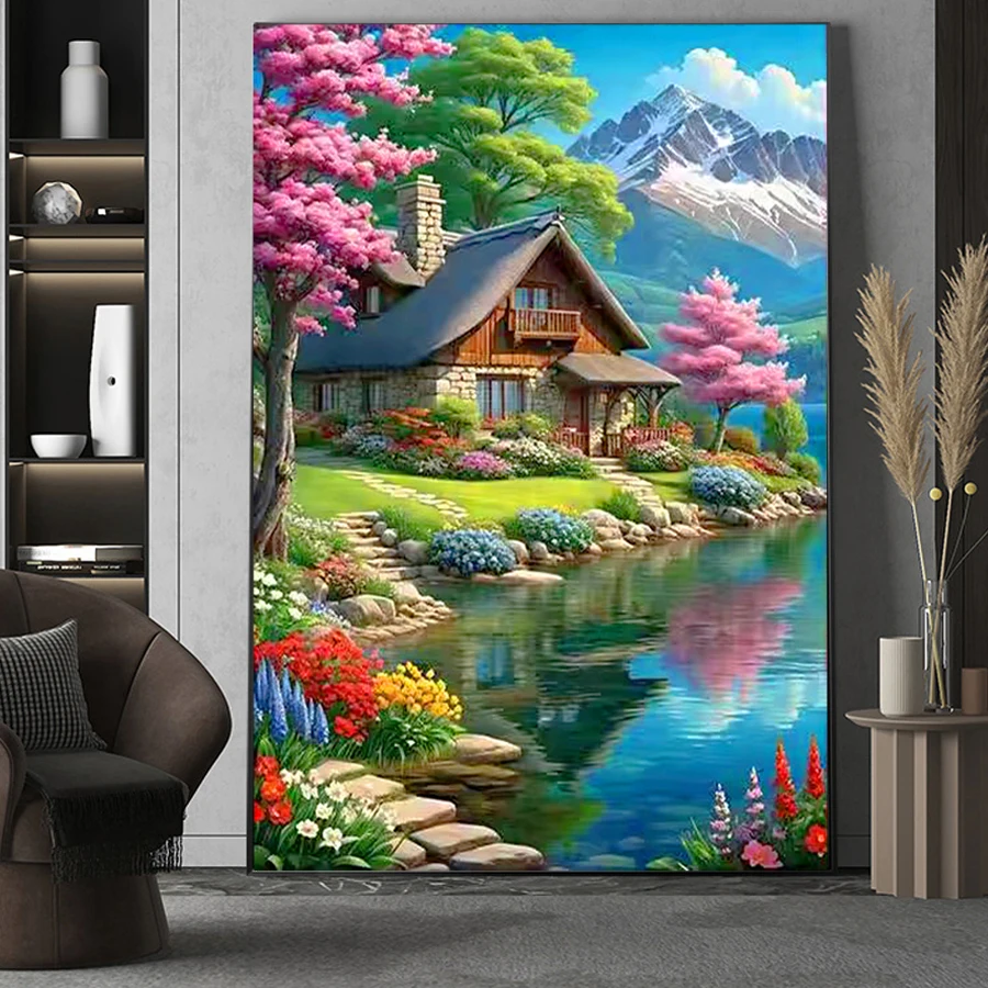 

Diamond Embroidery House Kits Cross Stitch Diamond Paitning Mountain flower tree Landscape River Mosaic DIY Wall picture decor