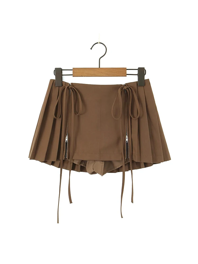 

YENKYE 2023 Cool Girl Pleated Mini Skirt Front Bow Double Zipper Women Summer Skirt With Shorts Underwear Lining