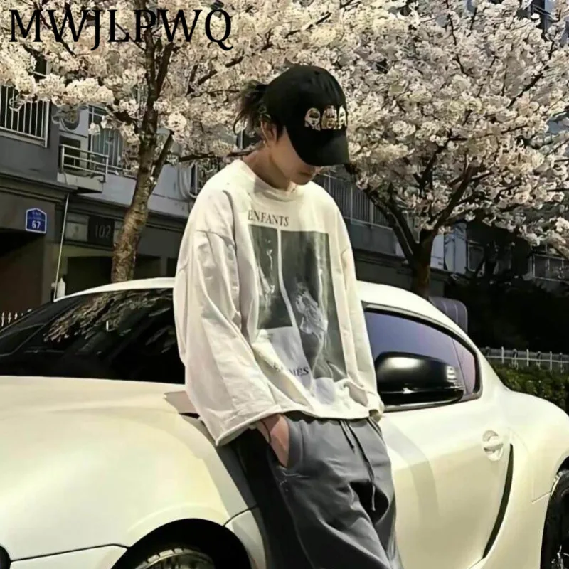 

MWJLPWQ Tide Style Male Printed T-shirt Punk Round Neck Long Sleeve High Street Loose Men's Casual Tops 2025 Autumn New 21886
