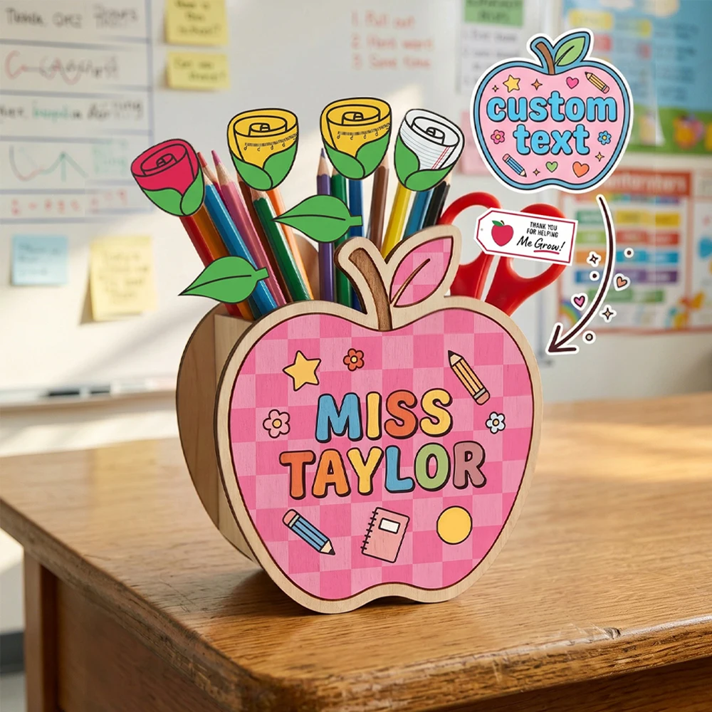Personalized,Custom Apple Shaped Wooden Pen Holder,Multi Slot Stationery Storage,Desk Decor,Teacher Appreciation,Back To School