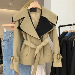 British Style Patchwork Windbreaker Jacket With Belt Women's Short Single Button Tailed Collar Top 2023 Autumn New Loose Coat