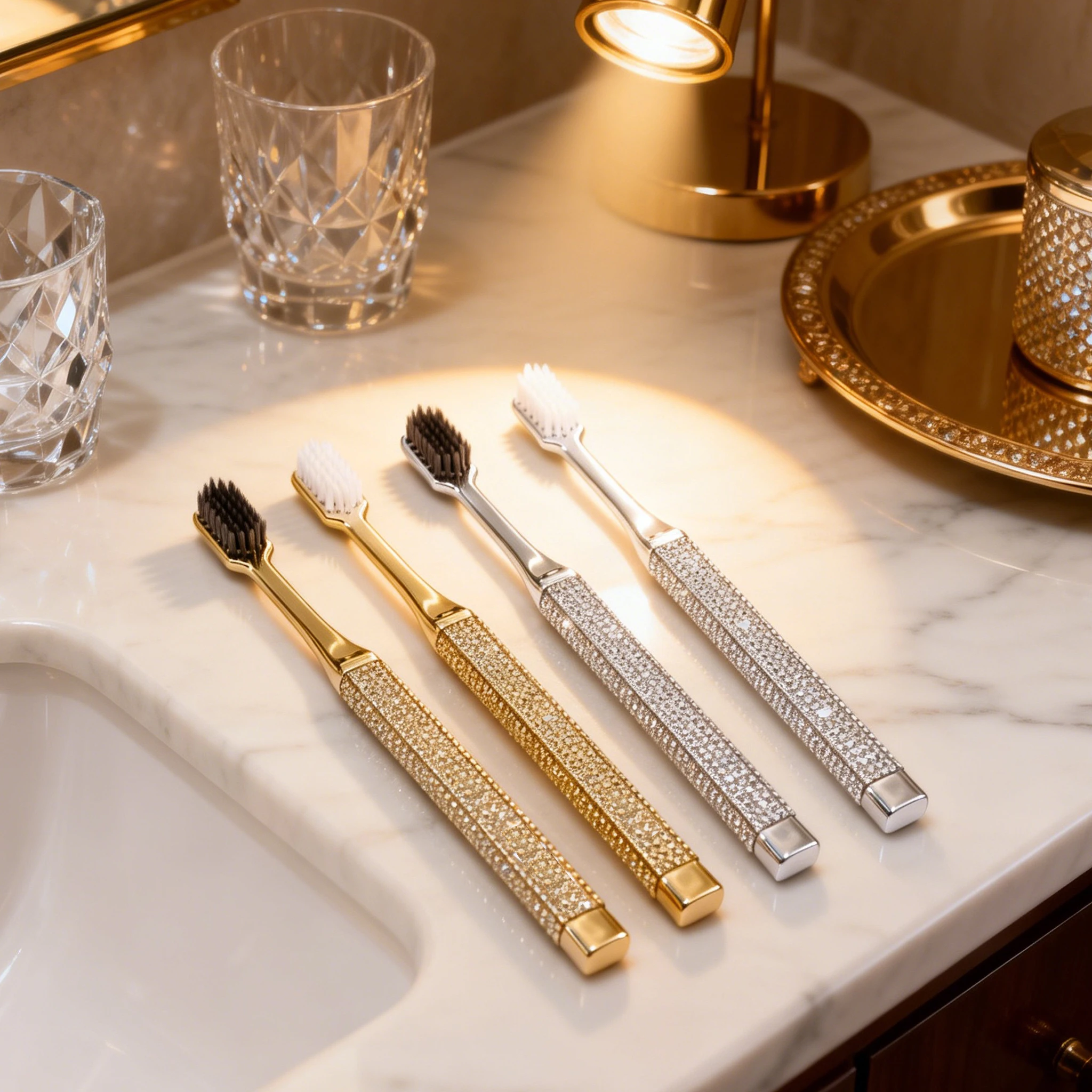 2PCS Luxury Soft Bristle Toothbrush for Adults with Electroplated Diamond Handle Couple's Oral Care Deep Cleaning Dental Health