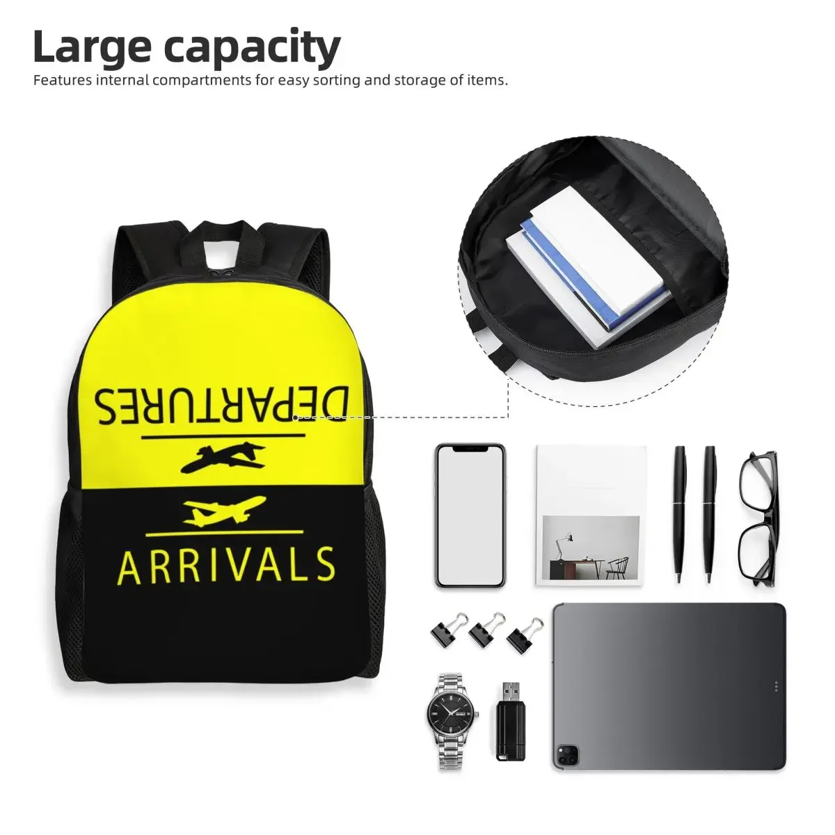 Custom Plane Arrivals Departures Laptop Backpack Bookbag for College School Students Aviation Airplane Aviator Pilot Bags