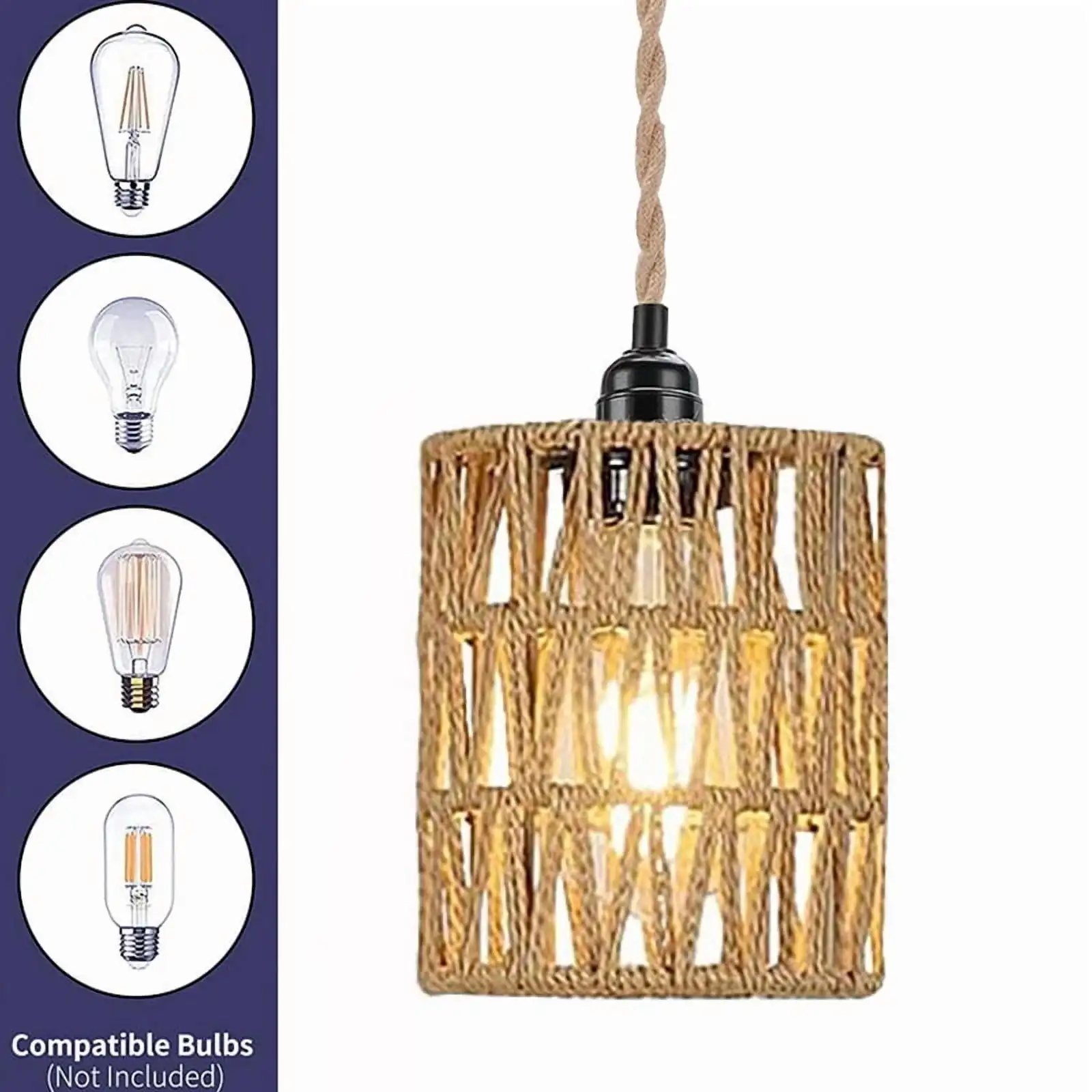 

Boho EU Plug in Pendant Light Single Head Hanging Light with Plug in Cord Ceiling Lamp Rattan Cylinder Lamp Shade on/Off Switch
