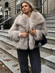 BWQ 2026 Women Fashion Cropped Faux Fur Jacket Coat Long Sleeve Front Snap-button Female Outerwear Chic Lapel Collar Thick Coat