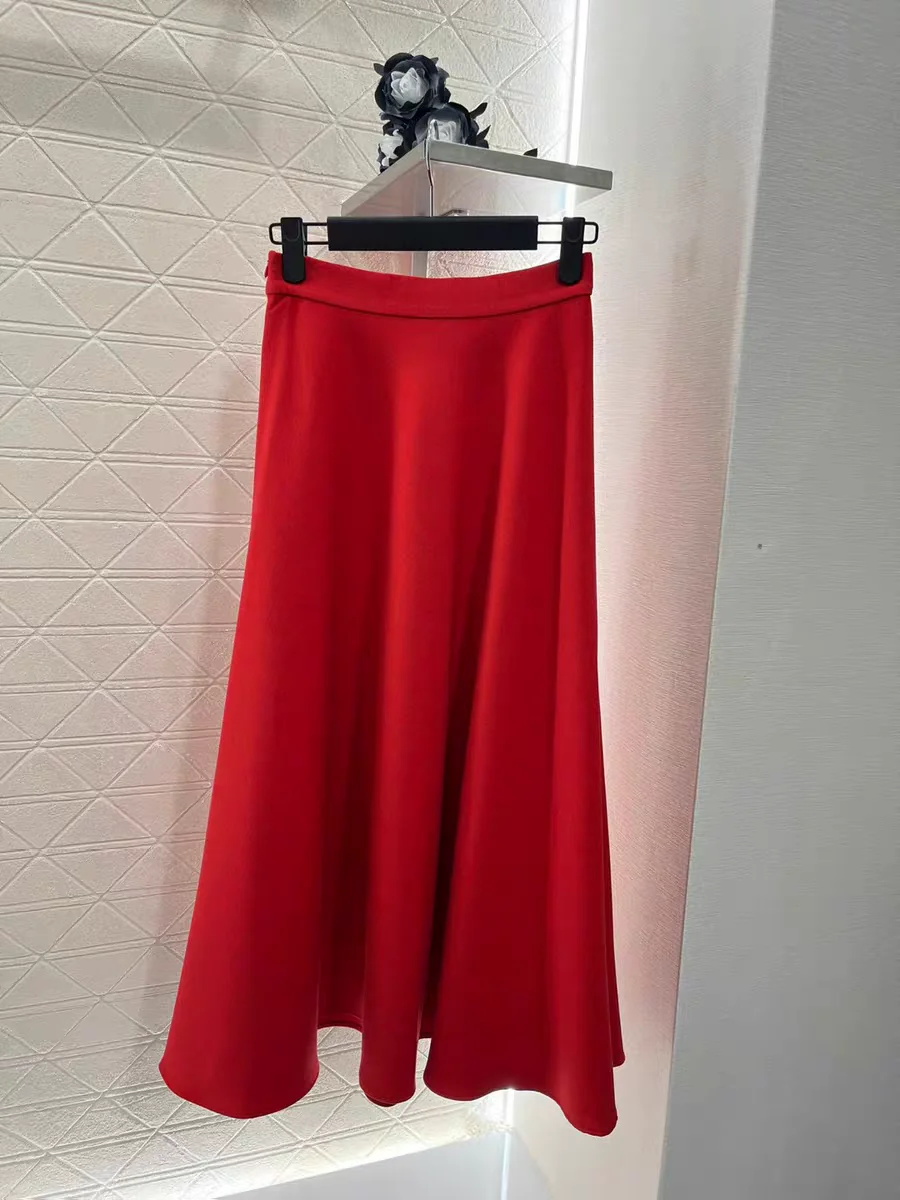 New Women's High-End Stylish Red Halterneck Midi Skirt Spring 2025 Fashionable Versatile Elegant Color Block Design